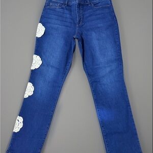 Bandolino Blue Straight-Leg Jeans with White Crochet Accents